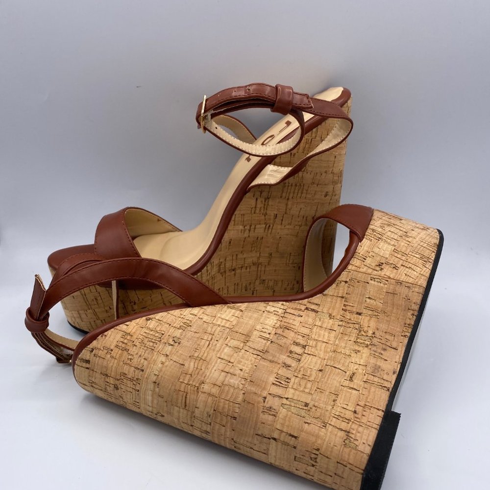 FSJ Tan Wedges Sandals Ankle Strap Slingback Open - Picture 5 of 11